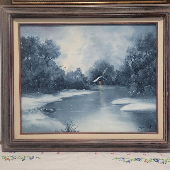 Vtg Oil Painting 25"x21" Canvas Snow Cabin stream Trees Water Sgn BD Pollard '93 - Picture 1 of 16
